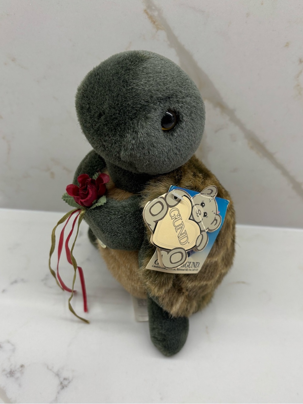 Vintage Gund Turtle Whiz Holding Flower Bouquet 1987 Stuffed Animal Canadiana